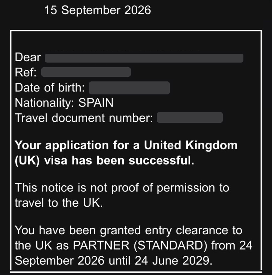 Home Office email from 15 September 2026: your application for a UK visa has been successful, partner visa granted until 24 June 2029. Personal details covered.